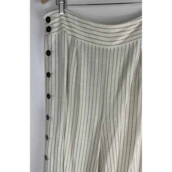 by Anthropologie Buttoned Wide Leg Pants Cream Stripe High Rise Ankle US Size 14 - Picture 4 of 13